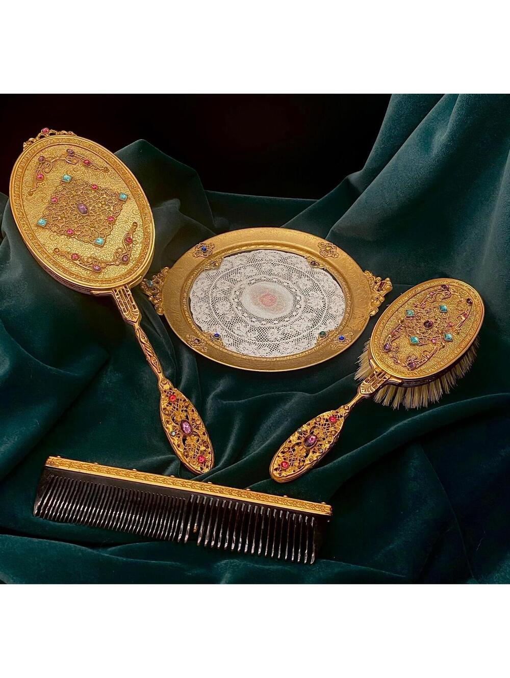 568 - RARE Antique Gilt Jeweled Vanity Set Apollo Studios Palais Royal